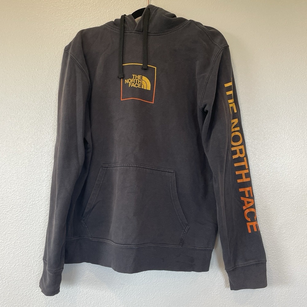 The North Face Hoodie Black Yellow Orange Gradient Chest Sleeve Logos Size Large